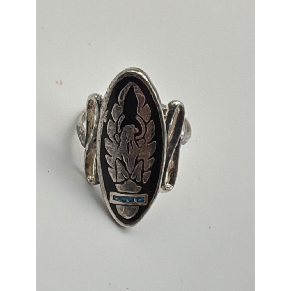Vintage Southwestern Eagle Phoenix Ring Black Enamel Turquoise Inlay Size 7.25